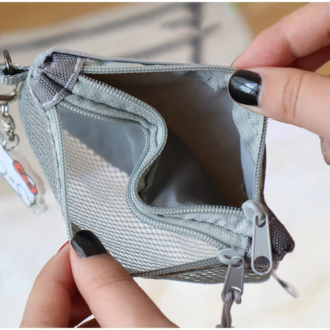Gray mesh double zipper coin purse and card holder mini bag with Hello Kitty charm.