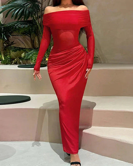 Sexy Light Mesh Solid Color Transparent Dress Women Bodycon One Shoulder Club Party Dress Winter Elegant Long Sleeve Long Dress
