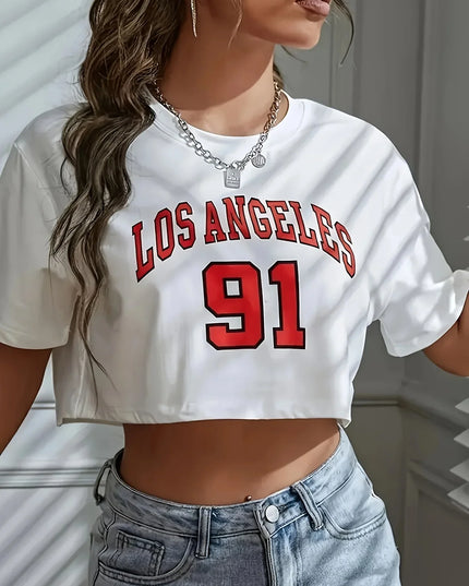 Los Angeles Number 91 Graphic Round Neck Sports Crop T-shirt