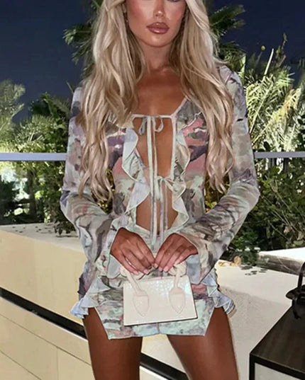 hirigin Women Ruffle Mini Dress Sexy Deep V Neck Cutout Mesh See Through Bodycon Short Dress Tie Dye Summer Beach Sundress