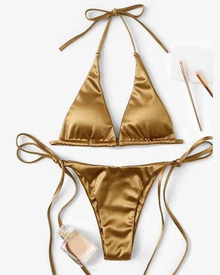 ShimmerWave: Luxe Satin Brazilian Bikini Set