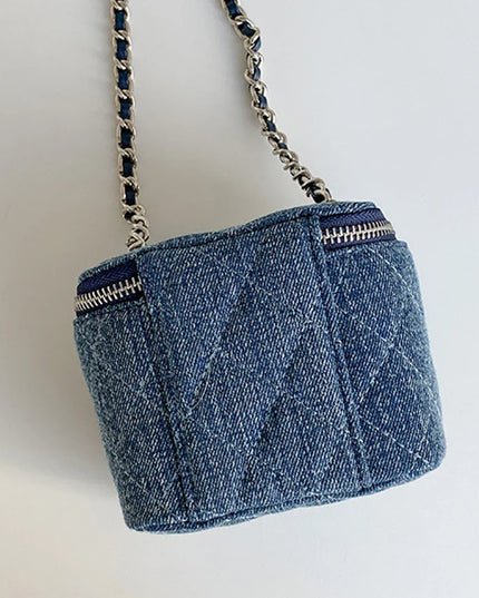 Mini Denim Crossbody Bag for Women with Lingge Chains, Quilted Design, and Box Bag Style