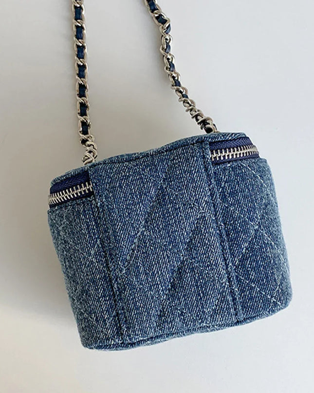 Mini Denim Crossbody Bag for Women with Lingge Chains, Quilted Design, and Box Bag Style