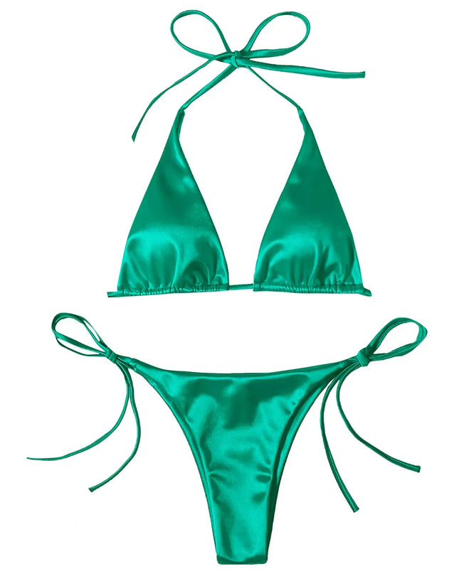 ShimmerWave: Luxe Satin Brazilian Bikini Set