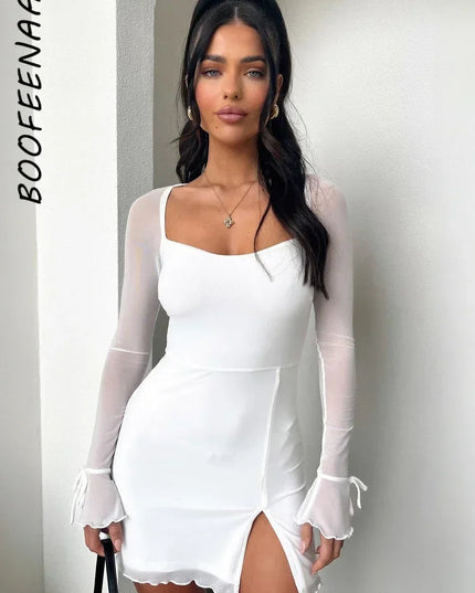 BOOFEENAA See Through Mesh Long Sleeve Dress White Black Sexy Club Outfits Square Neck Slit Mini Dresses for Women C18-BH24