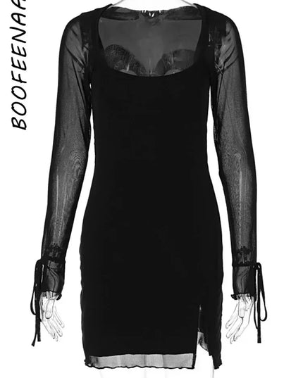 BOOFEENAA See Through Mesh Long Sleeve Dress White Black Sexy Club Outfits Square Neck Slit Mini Dresses for Women C18-BH24