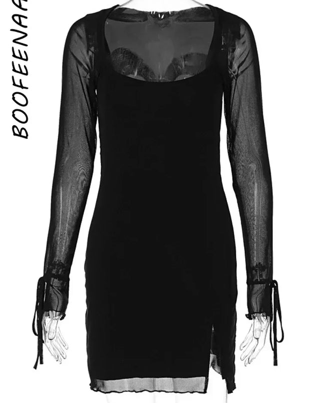 BOOFEENAA See Through Mesh Long Sleeve Dress White Black Sexy Club Outfits Square Neck Slit Mini Dresses for Women C18-BH24