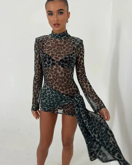 Fantoye Turtleneck Sexy Sheer Print Leopard Bandage Women Dress Long Sleeve Mini Dress Lady Spring Slim Elegant Party Club Dress