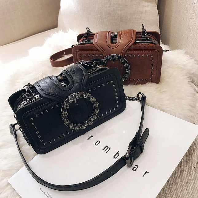 Black and brown vintage women's shoulder bag with rhinestone buckle and rivets