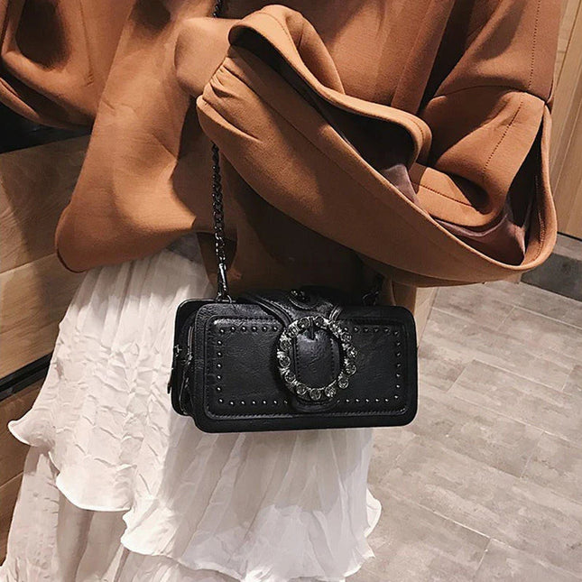 Black punk fashion shoulder bag with rhinestone buckle and rivets | Vintage crossbody purse for women