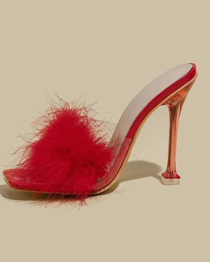 Women Rabbit White Fur Clear PVC Slippers Square Toe Stilettos Slides Transparent Crystal High Heels Sandals Mules Glass Heels