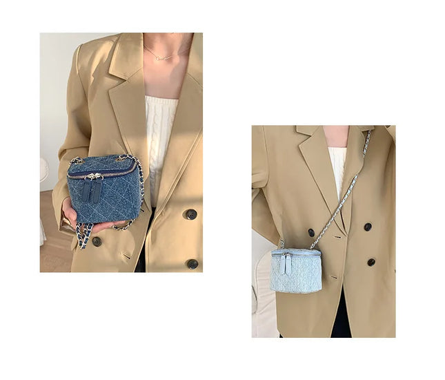 Mini denim crossbody bags for women, Lingge chains shoulder bag, fashion box bag, denim purses