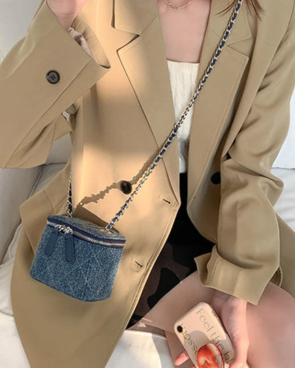 Mini blue denim crossbody bag for women with Lingge quilting and chain strap