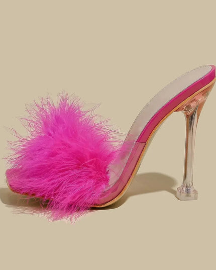 Women Rabbit White Fur Clear PVC Slippers Square Toe Stilettos Slides Transparent Crystal High Heels Sandals Mules Glass Heels