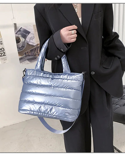Light Blue Puffer Tote Bag: Quilted women's handbag, shoulder & crossbody bag, fashion, lightweight down cotton padded.