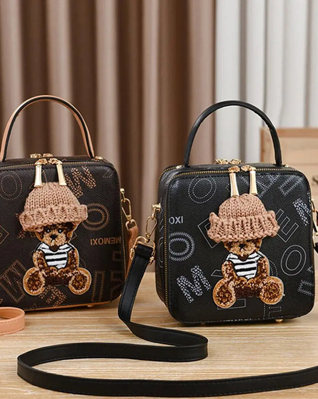 PU Leather Shoulder Bags | Fashion Simple Cute Cartoon Bear Crossbody Bag & Messenger Bag (Women's Small Square Handbags)