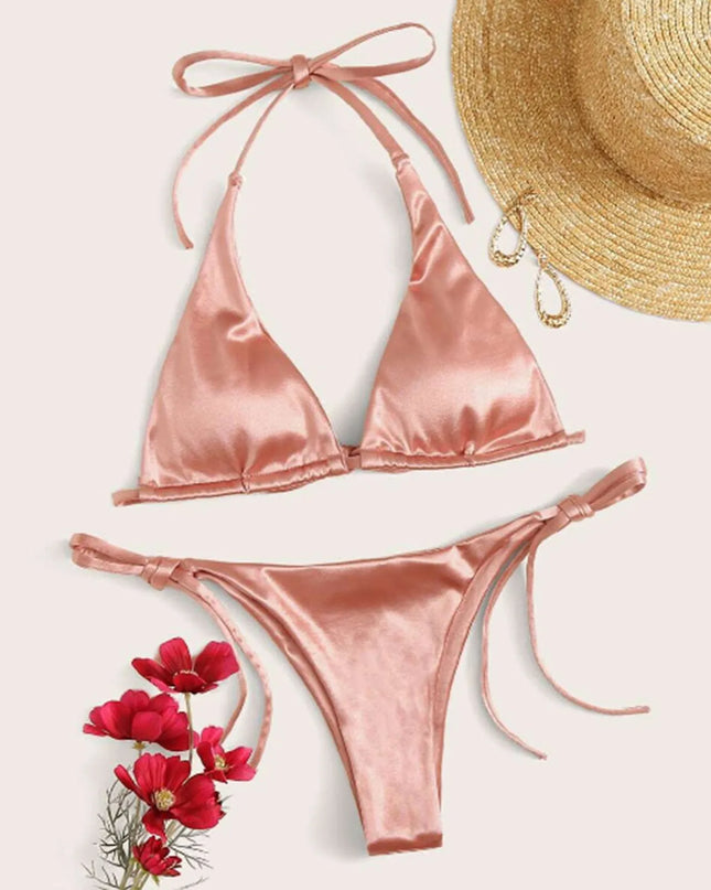 ShimmerWave: Luxe Satin Brazilian Bikini Set