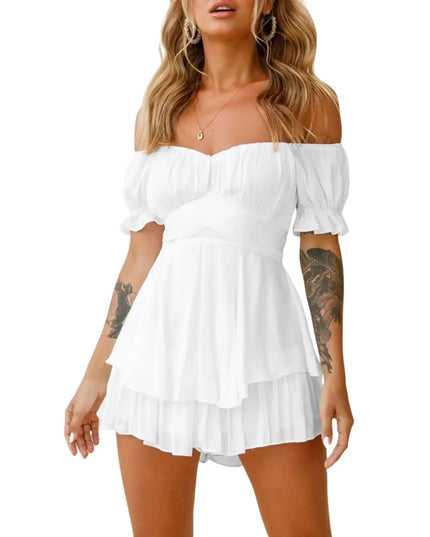 Women s Boho Off Shoulder Romper Double Layer Ruffle Hem Lantern Long Sleeve Waist Tie Back Chiffon Short Jumpsuits