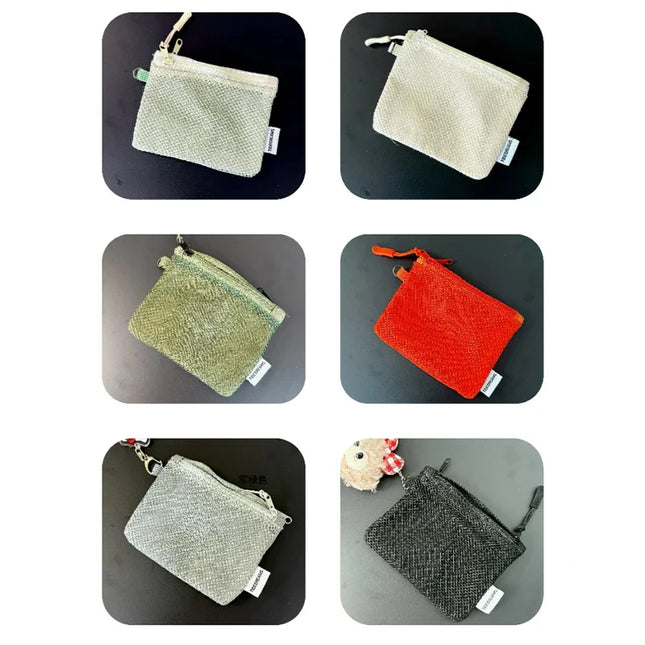 Six mesh coin purses: green, cream, orange, silver, black, and two-toned green. Multi-purpose mini bags with double zippers.