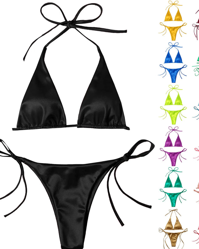 ShimmerWave: Luxe Satin Brazilian Bikini Set