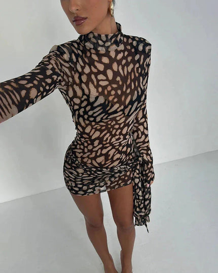 Fantoye Turtleneck Sexy Sheer Print Leopard Bandage Women Dress Long Sleeve Mini Dress Lady Spring Slim Elegant Party Club Dress