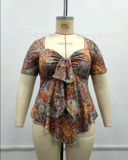 GIBSIE Plus Size Sweetheart Neck Knot Front Print Tops