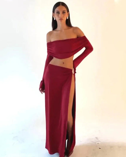 Women's Solid Beach Skirt Sets Sexy High Split Slim Bohemian Outfits Off The Shoulder Holiday Fashion 2 Piece Set 2025 Beachwear