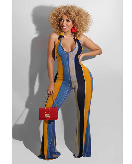 Striped Halter Jumpsuit with Horns for a Bold Look