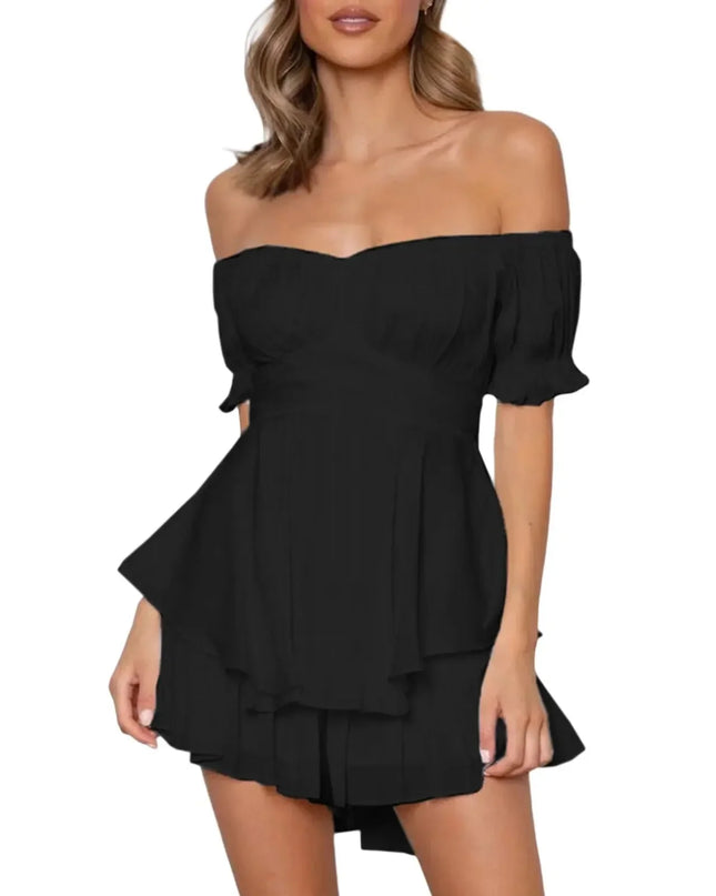 Women s Boho Off Shoulder Romper Double Layer Ruffle Hem Lantern Long Sleeve Waist Tie Back Chiffon Short Jumpsuits