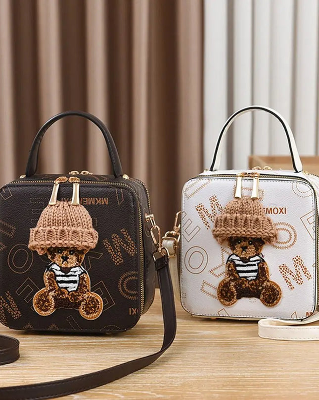 PU Leather Shoulder Bags | Fashion Simple Cute Cartoon Bear Crossbody Bag & Messenger Bag (Women's Small Square Handbags)