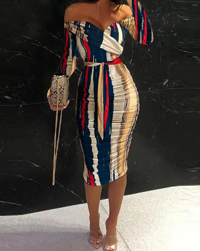 Spring Elegant Off The Shoulder Belted Bodycon Dress