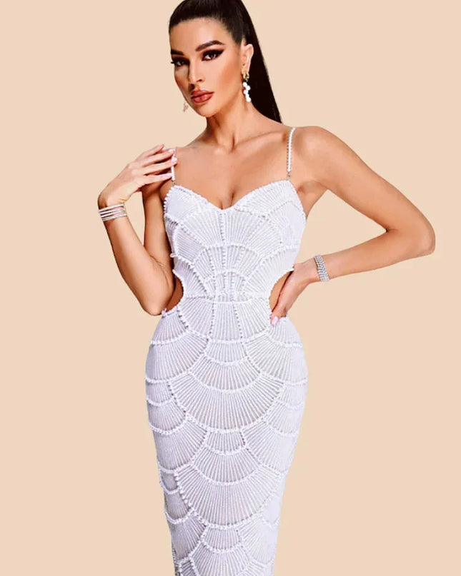 STOCK New Arrival Shining Sequins Beading Hollow Out Spaghetti Strap Long Dress Woman Birthday Party Dress Sweet Dateing Outfit