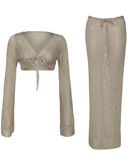 Metallic Gold Tank Top Long Skirt Knit 2 Piece Set