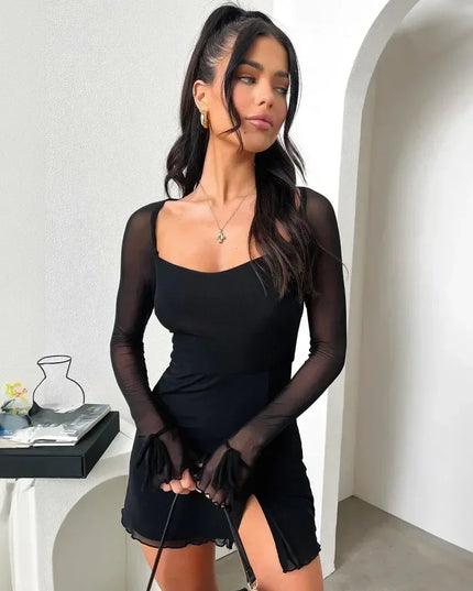 BOOFEENAA See Through Mesh Long Sleeve Dress White Black Sexy Club Outfits Square Neck Slit Mini Dresses for Women C18-BH24
