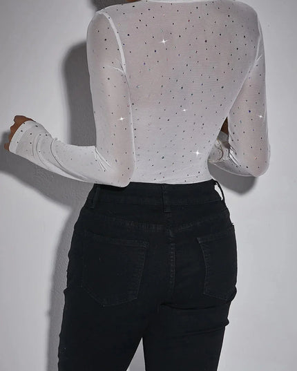 Women Elegant Black Sequin Mesh Bodysuit Long Sleeve Sweatheart Neck Sheer Corset Bodysuit Y2K Night Out Club Party Leotard Tops