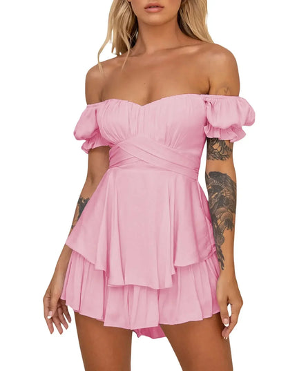 Women s Boho Off Shoulder Romper Double Layer Ruffle Hem Lantern Long Sleeve Waist Tie Back Chiffon Short Jumpsuits