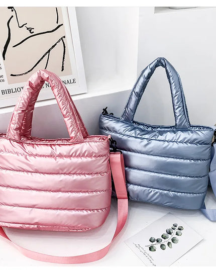 Pink & Blue Puffer Tote Bags: Quilted Handbags for Women, Lightweight Shoulder & Crossbody Bags. Trendy Fashion!