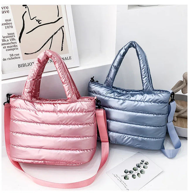 Pink & Blue Puffer Tote Bags: Quilted Handbags for Women, Lightweight Shoulder & Crossbody Bags. Trendy Fashion!