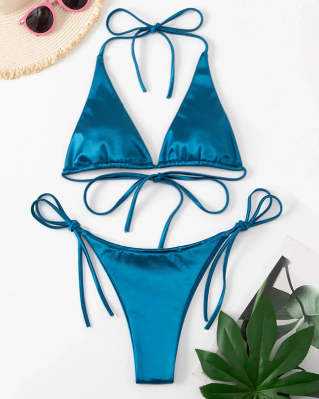 ShimmerWave: Luxe Satin Brazilian Bikini Set