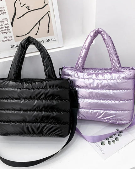 Black & Lilac Puffer Bags: Quilted Shoulder & Crossbody Bags for Women - Stylish, Lightweight, & Padded