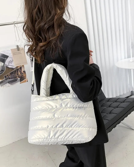White Puffer Tote Bag for Women: Quilted Handbag, Shoulder & Crossbody style.