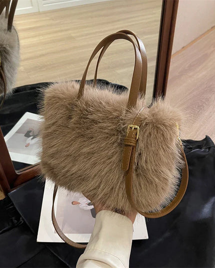 Faux Fur Tote Bag Women's | Bucket Plush Luxury Design Ladies Handbags & Soft Winter Crossbody Shoulder Bags (Bolsa Feminina)