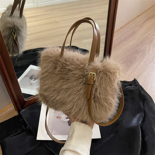 Faux Fur Tote Bag Women's | Bucket Plush Luxury Design Ladies Handbags & Soft Winter Crossbody Shoulder Bags (Bolsa Feminina)
