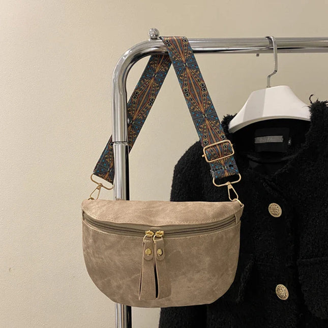 Beige Hobo Bag with Wide Strap - Pretty Melanin Boutique: Stylish women's chest & waist bag in soft PU leather, solid color, pillow shape.