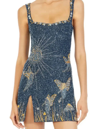 Fashion Square Neck Printed Slim Mini Dress Women Chic Split Sleeveless Backless Strap Dresses Summer Lady High Street Vestidos