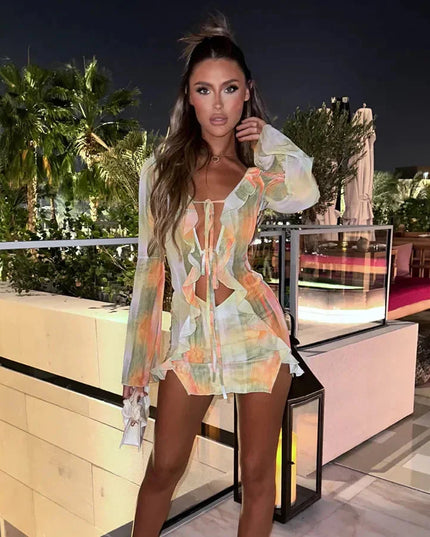 hirigin Women Ruffle Mini Dress Sexy Deep V Neck Cutout Mesh See Through Bodycon Short Dress Tie Dye Summer Beach Sundress