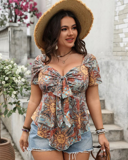 GIBSIE Plus Size Sweetheart Neck Knot Front Print Tops