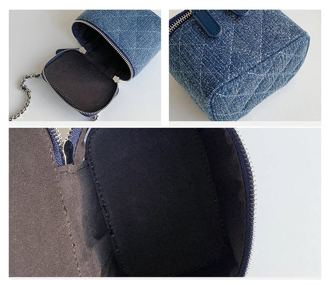 Mini denim crossbody bag for women with Lingge chains and fashion box design, ideal lipstick coin purse.