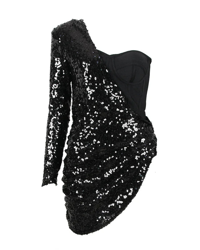 Goddess Sequin One Shoulder Mini Dresses