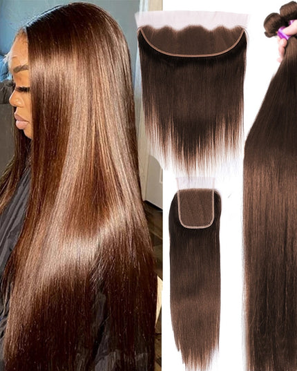 Chocolate Brown Bone Straight Human Hair Bundles with 4x4 Lace Closure Frontal Remy Brazilian Hair Weave Bundles with Closure